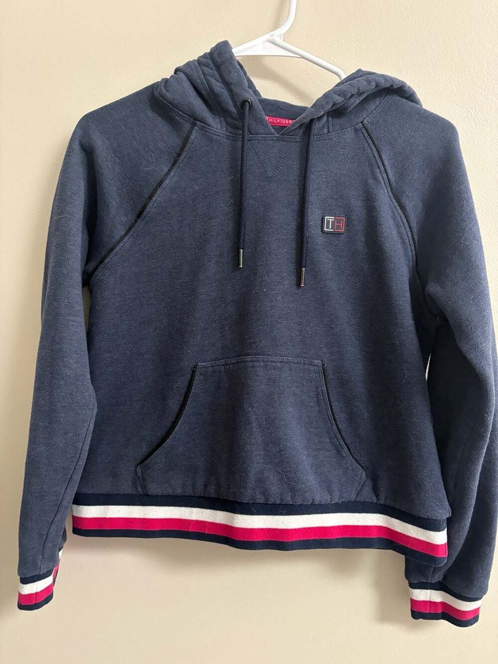 Tommy Hilfiger Sport Women's Navy Blue Cropped Pullover Hoodie with Striped Trim